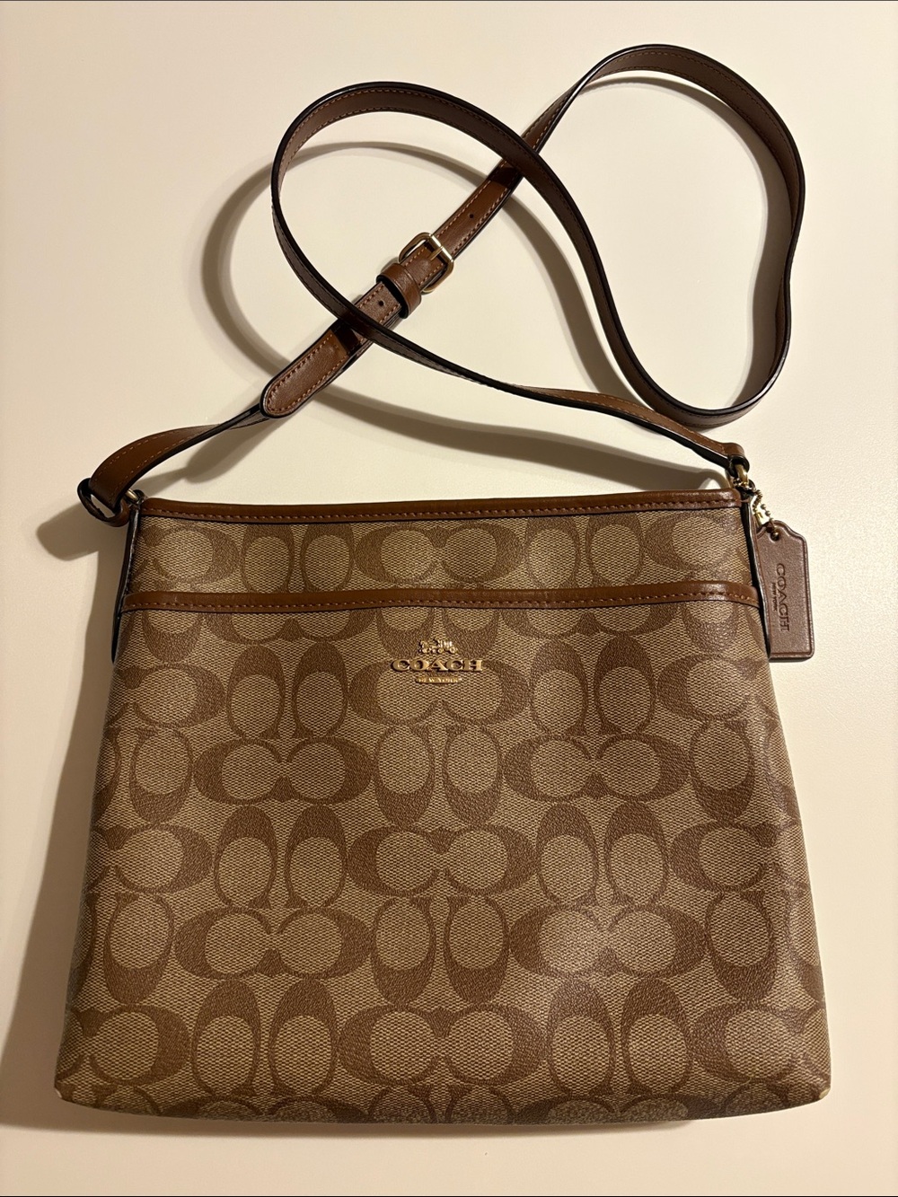 Coach Signature coated Canvas File Crossbody Bag purse tan brown excellent